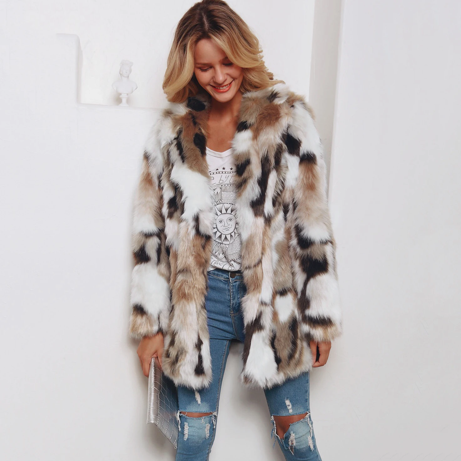 Женское длинное пальто из искусственного меха теплая мягкая куртка с