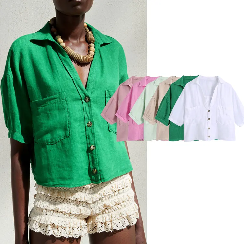 

Женская льняная рубашка ZA top, однотонная Повседневная рубашка с коротким рукавом, на пуговицах, 6 цветов, весна-лето 2021
