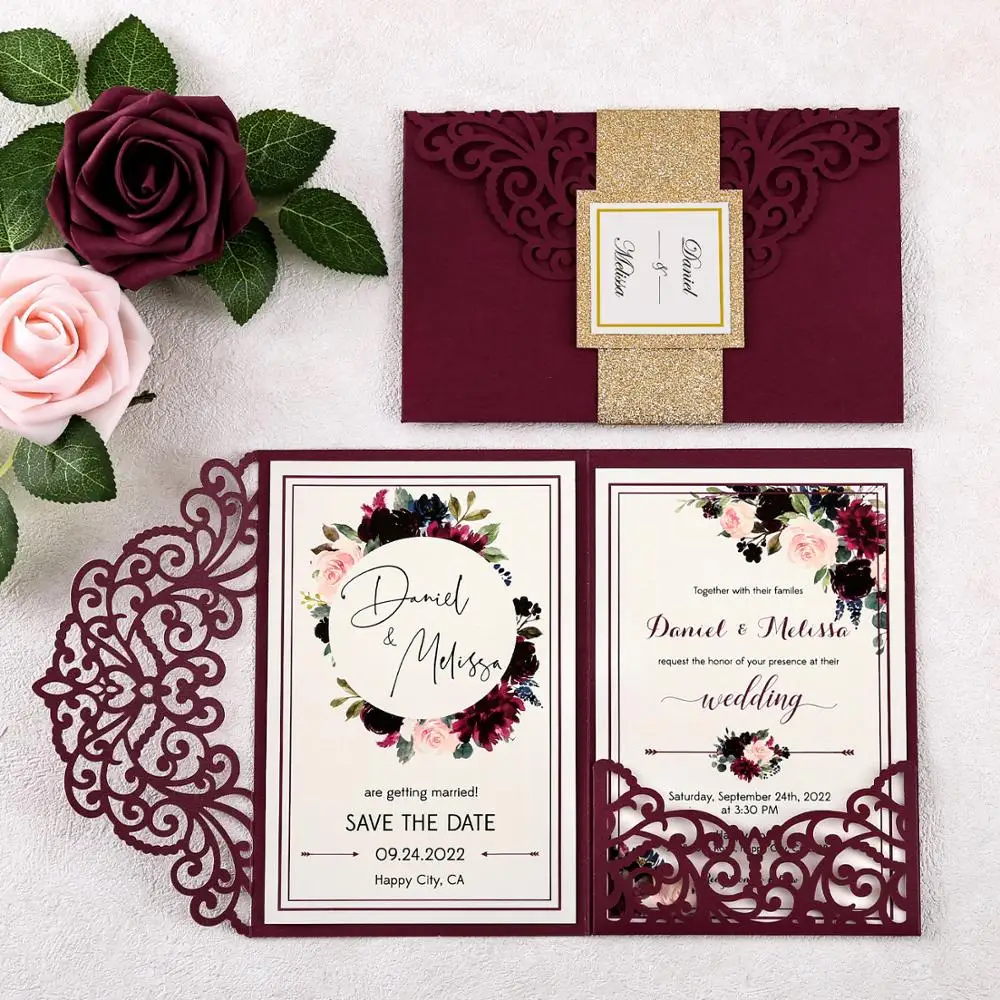 

100pcs Burgundy Wedding Invitations Laser cut Hollow Invite Greeting Cards for Wedding