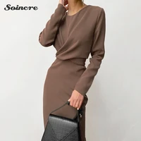 autumn woman dress 2021 fashion new puff long sleeved o neck waist slim pleated midi dresses elegant office lady solid color