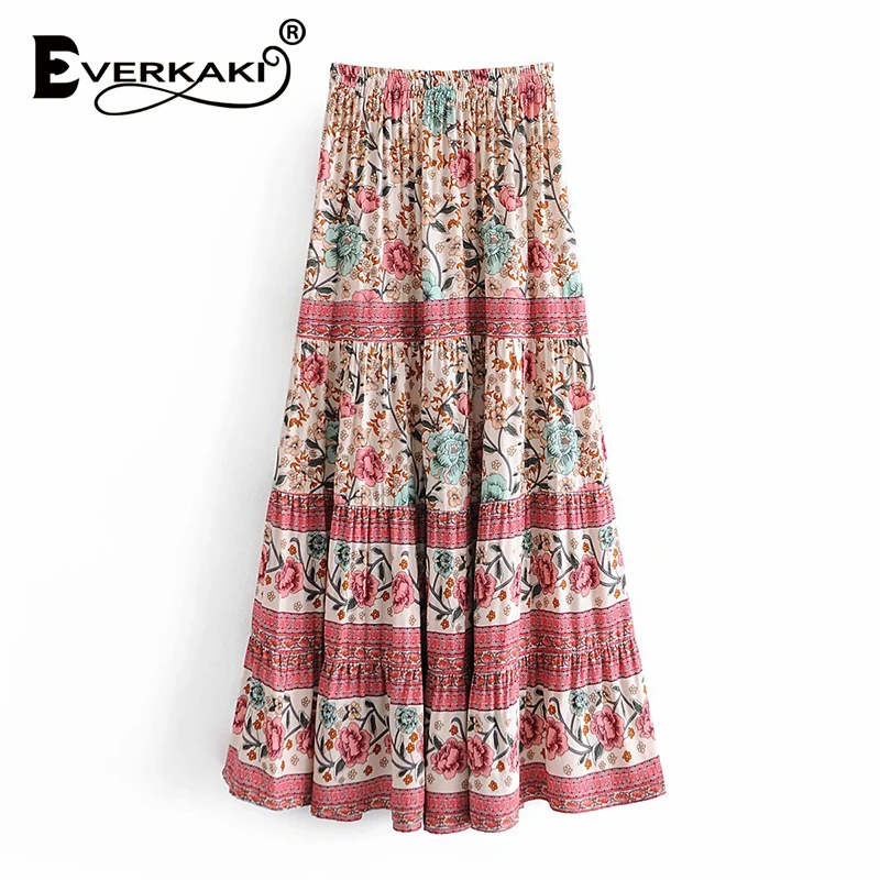 

Everkaki Skirts Women Boho Floral Print Elastic Waist Ladies Plus Oversize Long Skirt Bottom Beach Female mujer 2021 Summer New