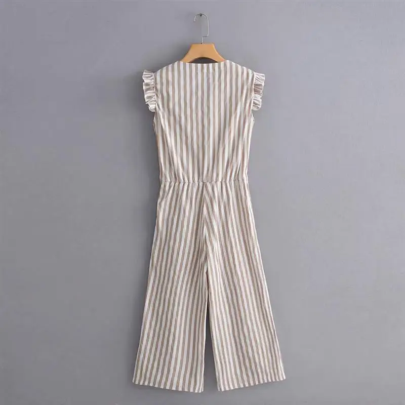 Женские комбинезоны в полоску с v образным вырезом бантом и поясом на молнии