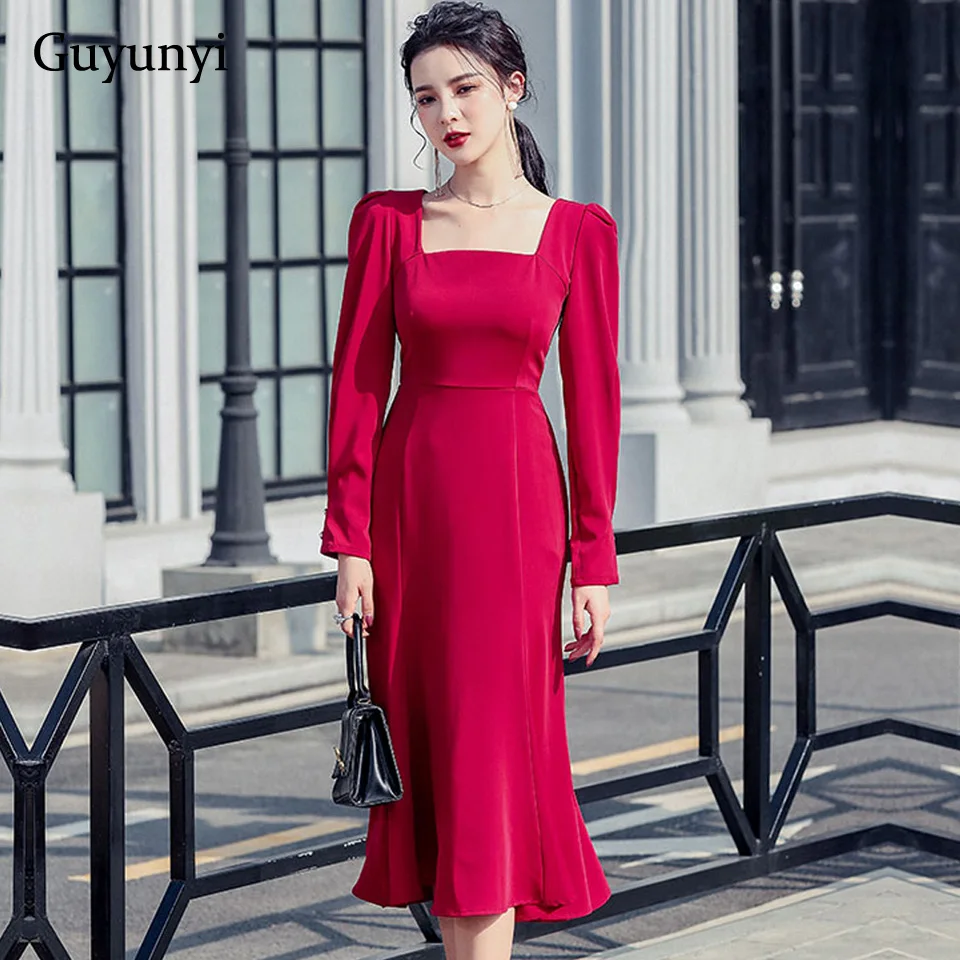 

Elegant Party Dress 2022 Spring Plain Square Collar High Waist Simple Loose Hem French Vintage Temperament Women's Dresses