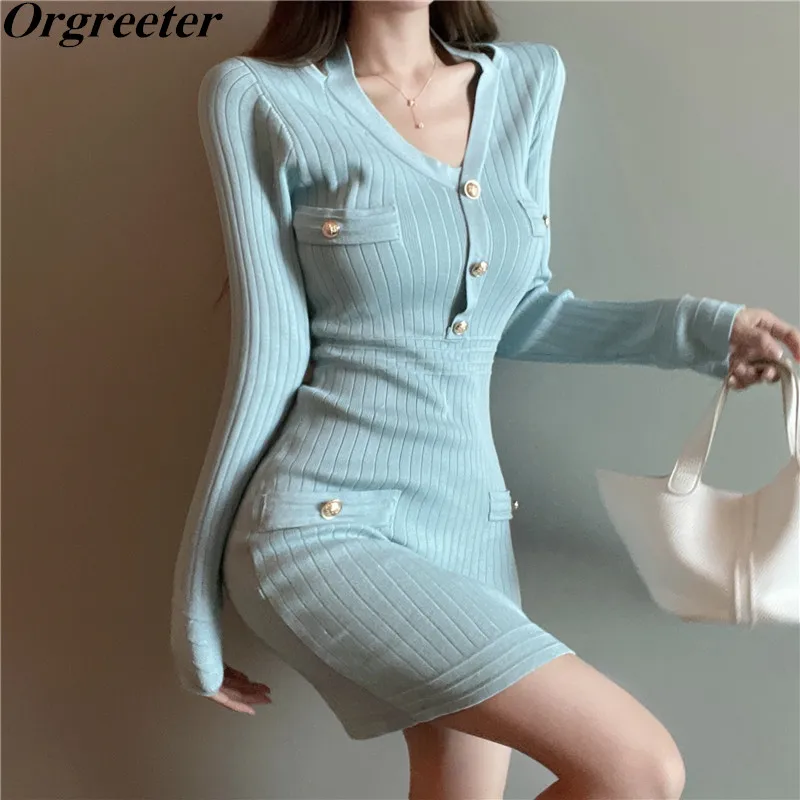 

Spring Fall Knitted Sweater Mini Dress Women Hight Street Sexy V-Neck Halter Party Dress Korean Fashion Casual Vestido Feminino