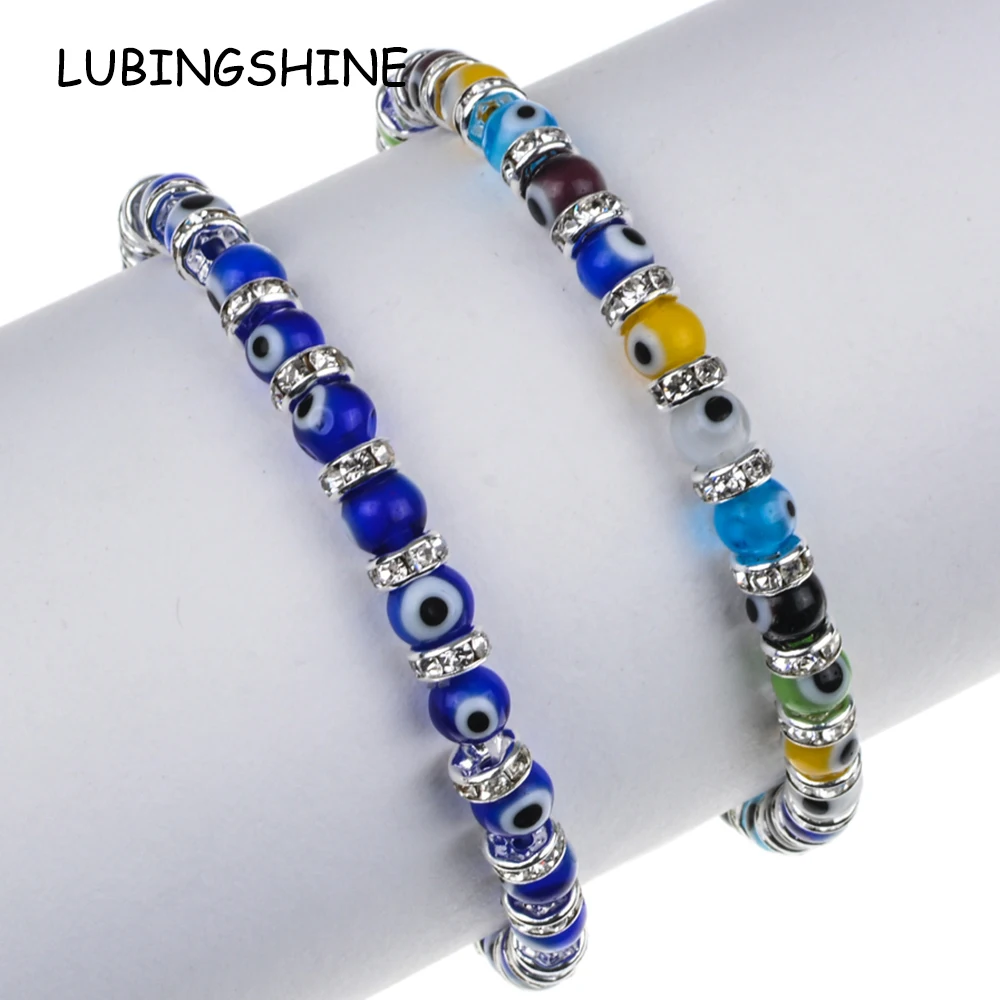

20pcs/lot Couples Blue Turkish Evil Eye Elastic Bracelet Charms Crystal Beaded Bracelets for Women Men Yoga Jewelry Gift