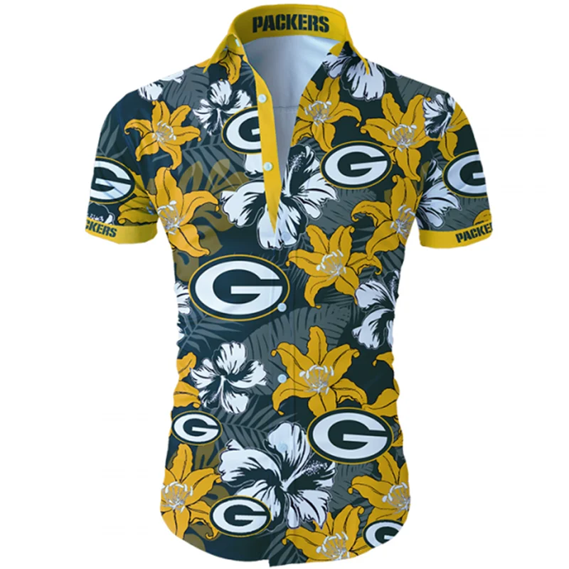 

USA Size Mens 2021 New Fashion Casual Loose Packers Shirts Green Leaves Yellow Flowers Letter G 3D Paint Hawaii Shirt