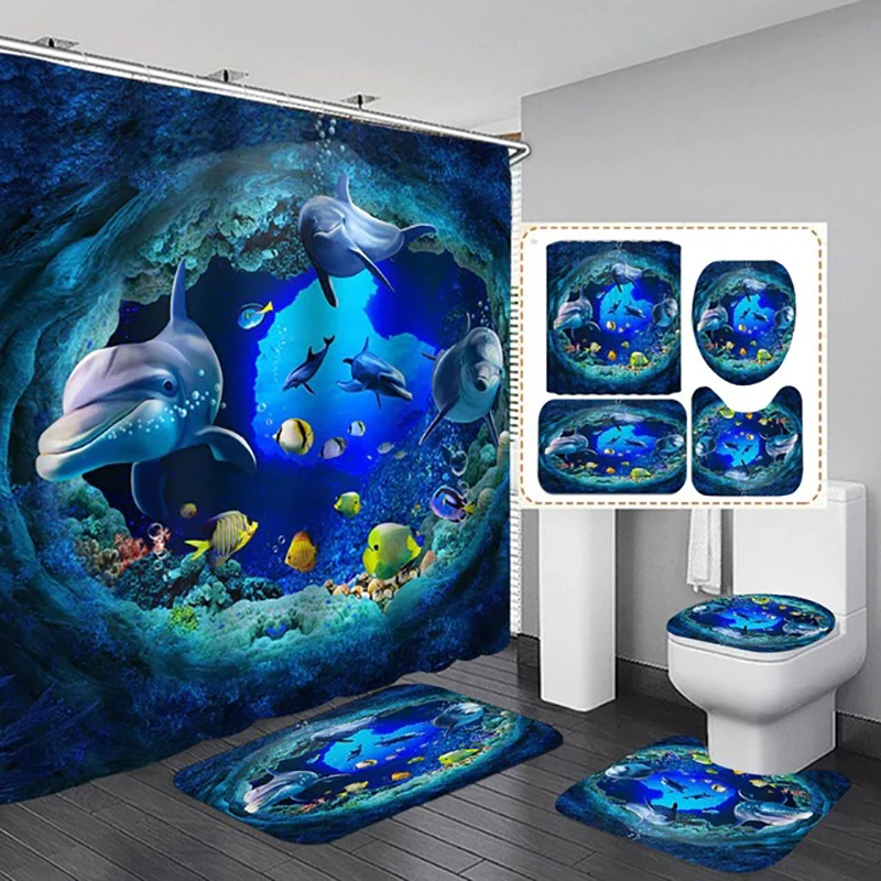 

Waterproof Shower Curtain Set 3D Printing Underwater World Dolphin Polyester Bath Curtain With Anti-slip Bath Mat Set Home Decor