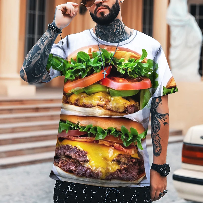 Мужская рубашка 2022 еда гамбургер пиво жареная курица 3D-печать футболка с круглым