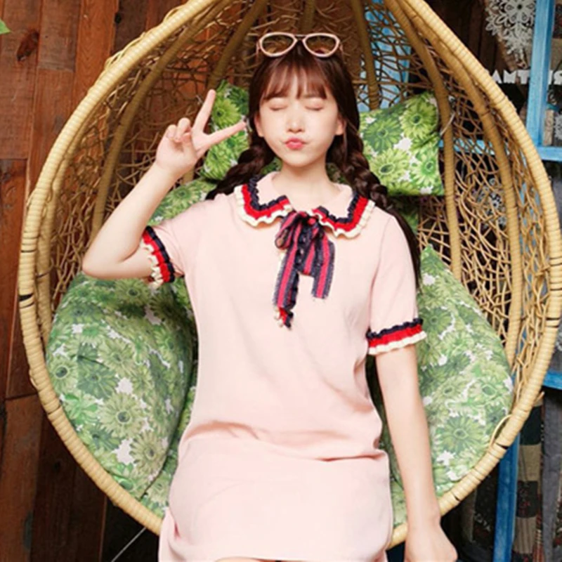 

Summer 2020 Women Preppy Shirt Dress Turn Down Collar Short A Line Dress Fashion Striped Cute Bow Tie Casual Mini Dress YZH97