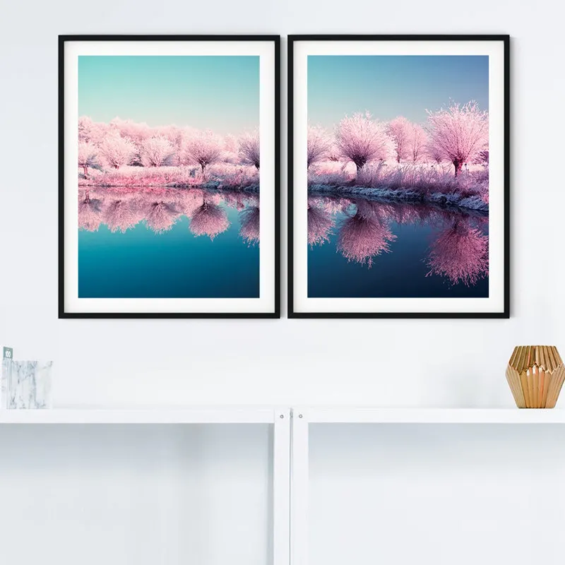 Картина на холсте декор в скандинавском стиле постер с розовыми цветами синее