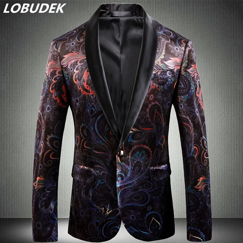 European Style Vintage Blazers High Quality Velvet Printed Suit Jackets Fashion Slim Fit Casual Coat Winter Shawl Collar Blazer