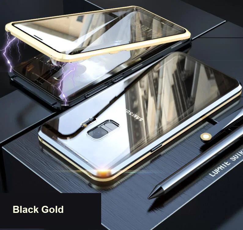 Black Gold Двойное магнитное закаленное стекло металлический каркас чехол для телефона для samsung Galaxy Note 8, 9, 10, S8 S9 S10 5G S10E M10 M20 M30 A80 плюс - Цвет: Black Gold