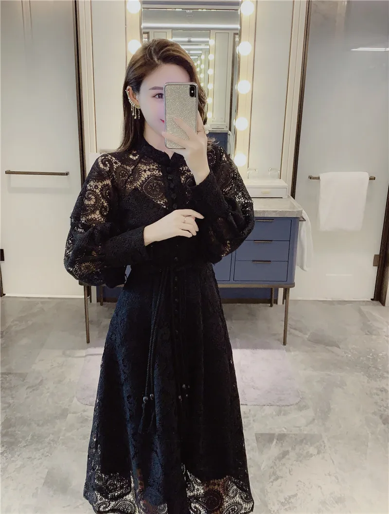 Comelsexy Модное Новое Осеннее корейское женское платье со стоячим воротником и рукавами-фонариками, с высокой талией, облегающее Бандажное платье миди для женщин
