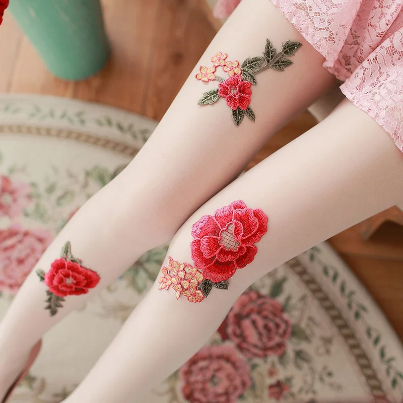 Stockings Female Summer Long Socks Women's Pantyhose Sexy Handmade Embroidered Tights Big Red Flowers Thin Leggings for Girls