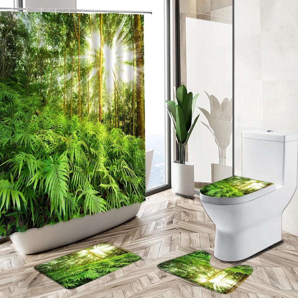Prezzo Foresta Tropicale Alberi Scenario Tenda Da Doccia Set 3D Primavera Sole Pianta Verde Paesaggio Naturale Tappetino Da Bagno Tappeto Copriwater