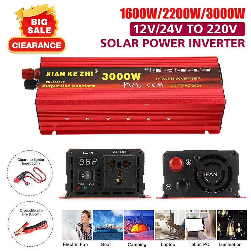 

2200W 3000W Car Power Inverter DC12V/24V to AC 220V Auto Portable Charger Converter Adapter Modified Sine Wave Universal Socket