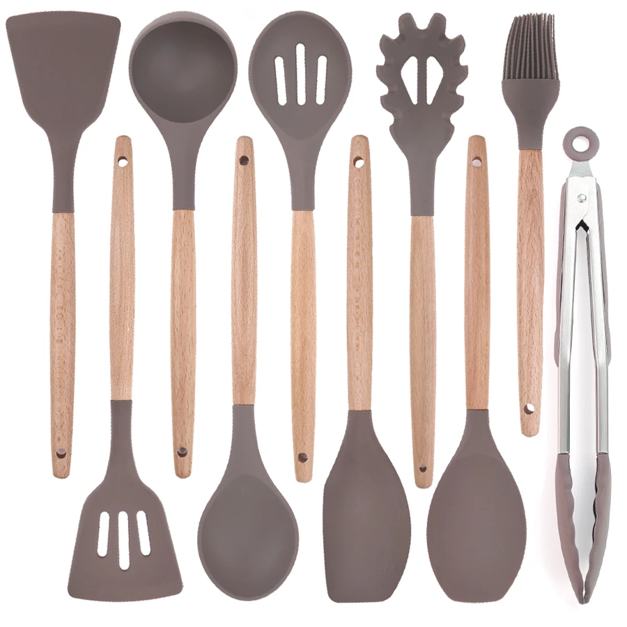 

Silicone Kitchen Cooking Utensils Set Heat-resistant Non-stick Cookware Easy Clean Solid Wood Beech Wooden Handle Spatula Set