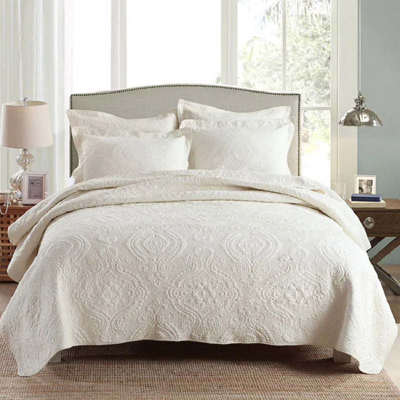 

CHAUSUB Solid Cotton Quilt Set 3PCS Bedspread on the Bed Embroidered Bed Cover King Size Coverlet Double Blanket for Home