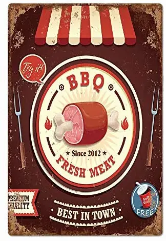 

Original Retro Design Fresh Meat BBQ Try It Tin Metal Signs Wall Art | Thick Tinplate Print Poster Wall Decoration for Restaur