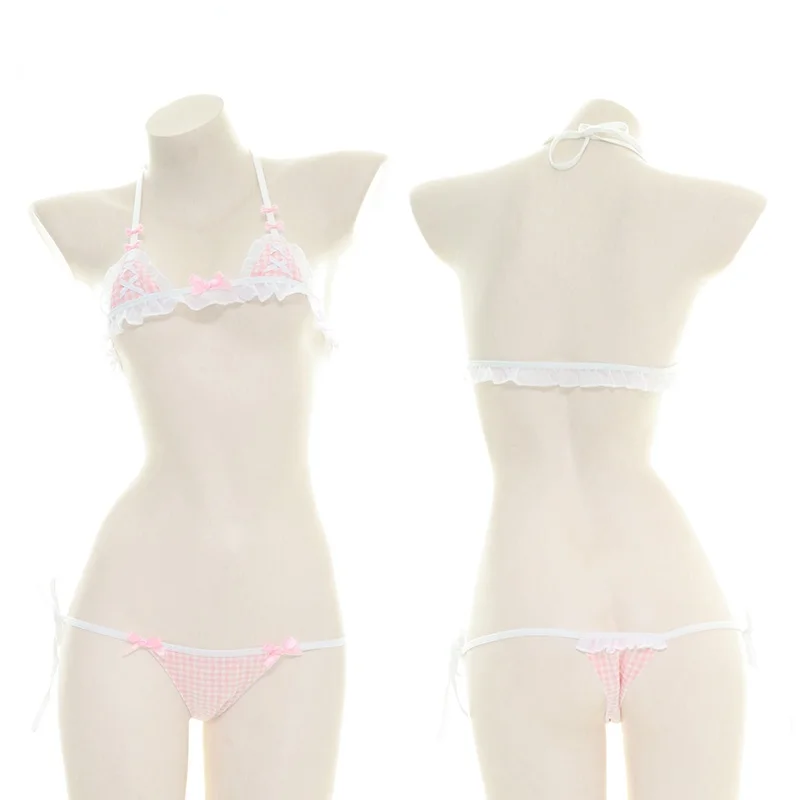 

Wholesale Japanese Lolita Girls Pink Bow Tie Mini Bikini Set Bandage Pajamas Kawaii Plaid Underwear Panties Sexy Lingerie Set