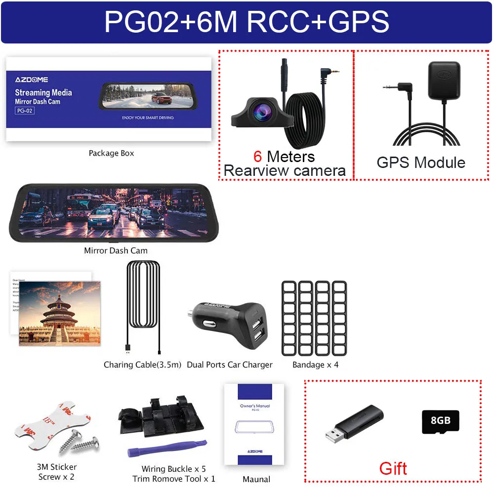 AZDOME PG02 1" зеркальный видеорегистратор с gps потоковым медиа Полноэкранный сенсорный ADAS двойной объектив ночного видения 1080P+ 720P Автомобильные видеорегистраторы - Color Name: PG02-6M RCC-GPS