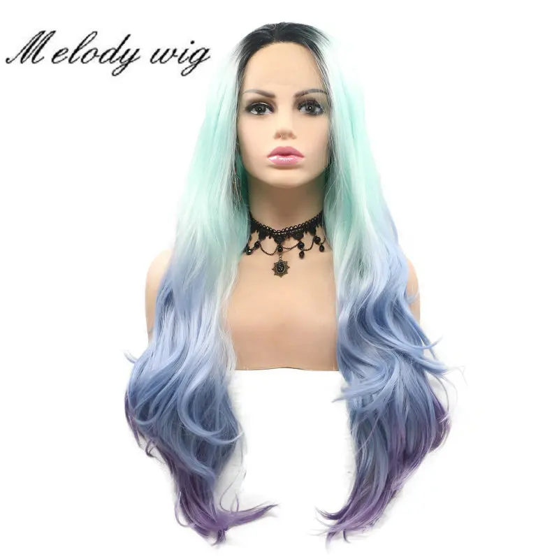 Melody Synthetic Lace Front Wigs Dark Roots Ombre Light Green Verdancy Pale Blue Lavender Purple Long Natural Wave for Women