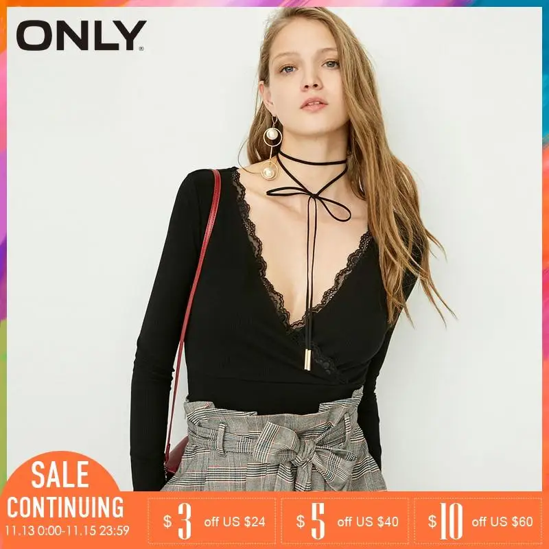 Только Женская Весна и лето 2019 Кружева Крест над v образным вырезом Slim Fit черная