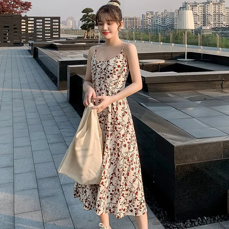 

Summer Dresses Fashion Sweet Floral Print Sling A-line Dress Sexy Natural Waist V-neck Sleeveless Dresses M