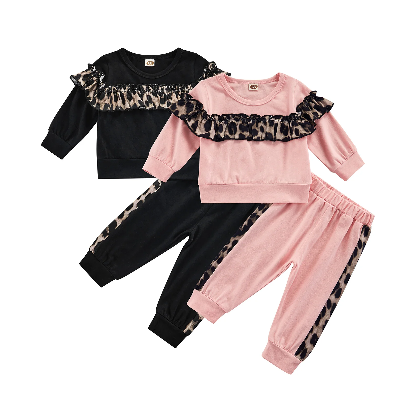 

Spring Autumn Baby Girl Casual 2Pcs Outfit Sets Leopard Ruffle Long Sleeve Sweatsuits Long Pants Sport Clothes Set for Girl