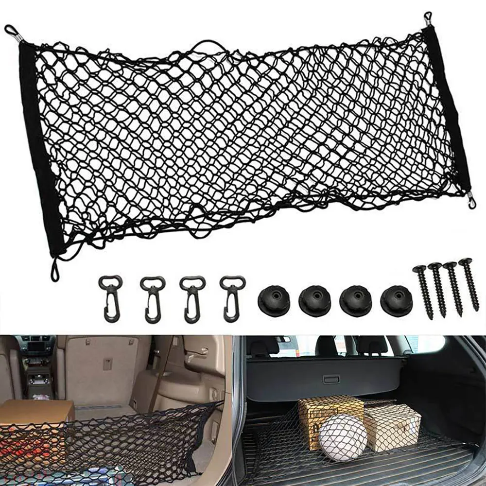 

110 x 60 CM Car Trunk Rear Storage Cargo Luggage Nylon Elastic Net Holder With 4 Plastic Hooks Pocket For Car Van Pickup SUV MPV