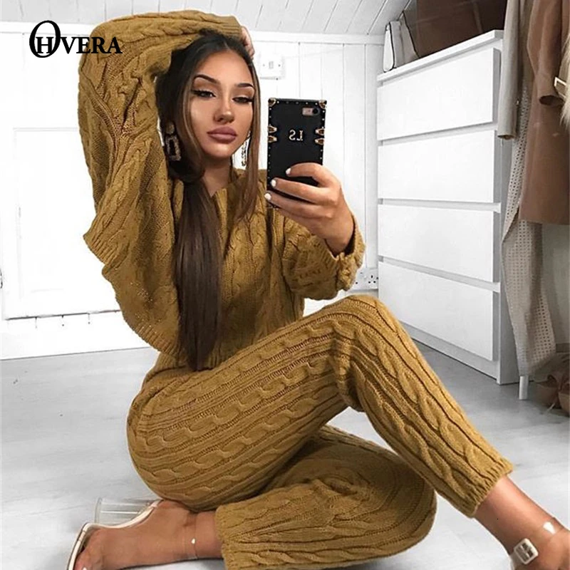 yellow Ohvera/вязаные Женский комплект 2 шт. Топы с длинным рукавом и длинные штаны, сексуальный зимний свитер, комплект из двух предметов - Цвет: yellow