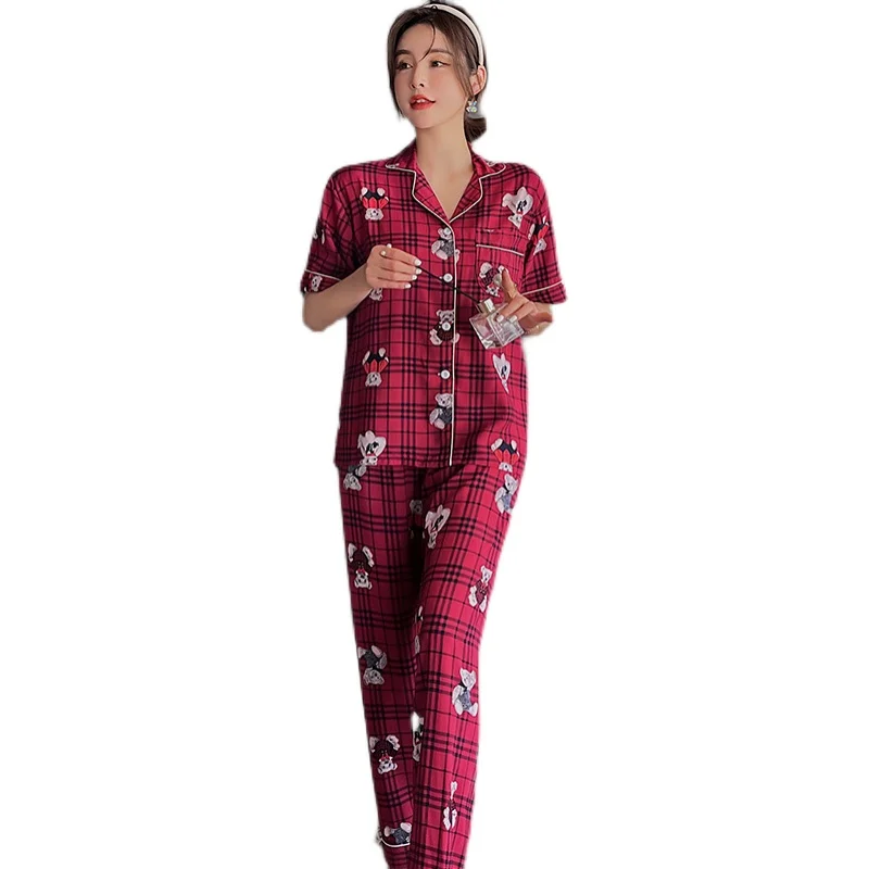 

Summer Short Sleeve Trousers Viscose Staple Fiber Pajamas Female Plus-sized Fat mm Cardigan Cotton Silk Tracksuit May Outerwear