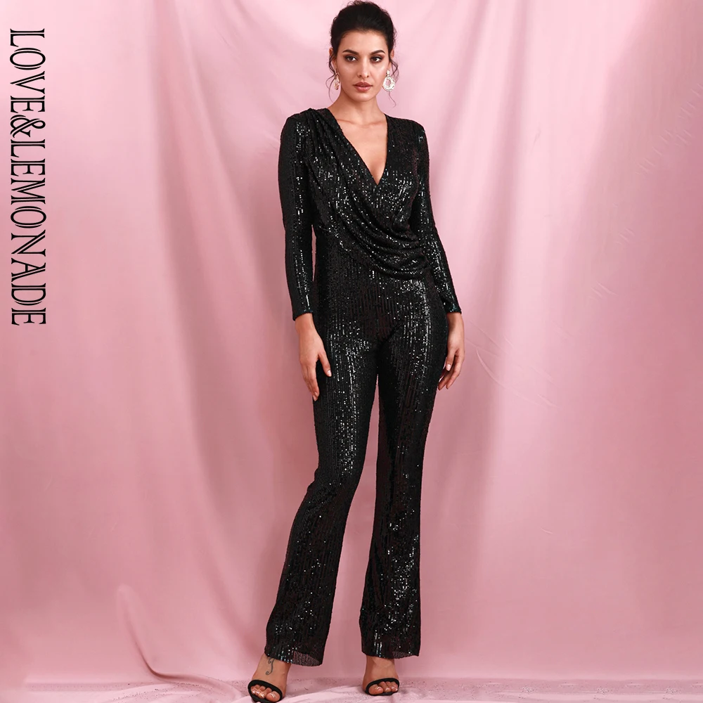 Женский комбинезон с блестками LOVE & LEMONADE черный облегающий глубоким V образным