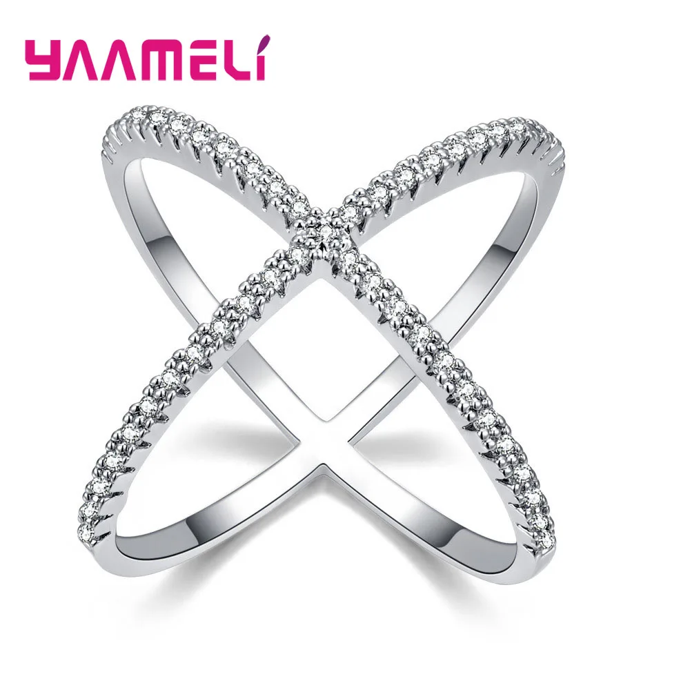 

New X Shape Cross Round 925 Sterling Silver Cubic Zirconia Rings For Fashion Women Personality Finger Accessories Jewelry Bague