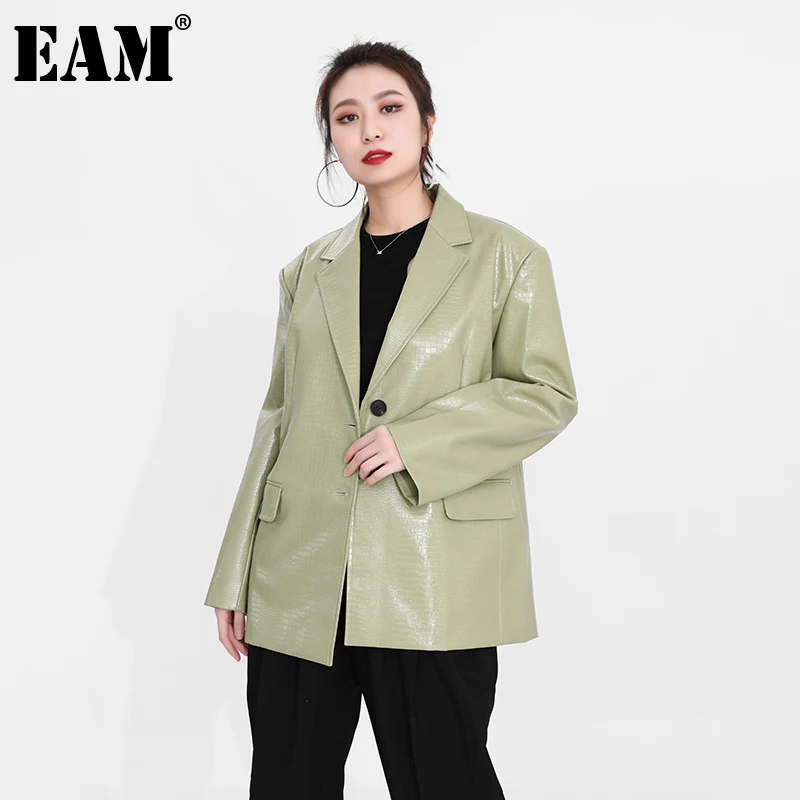 

[EAM] Зеленый Женский блейзер из искусственной кожи большого размера, новая свободная куртка с отворотом и длинным рукавом, модная демисезонн...