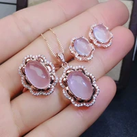 meibapj natural rose quartz gemstone nice flower jewelry set 925 silver necklace earrings and ring wedding jewelry for women