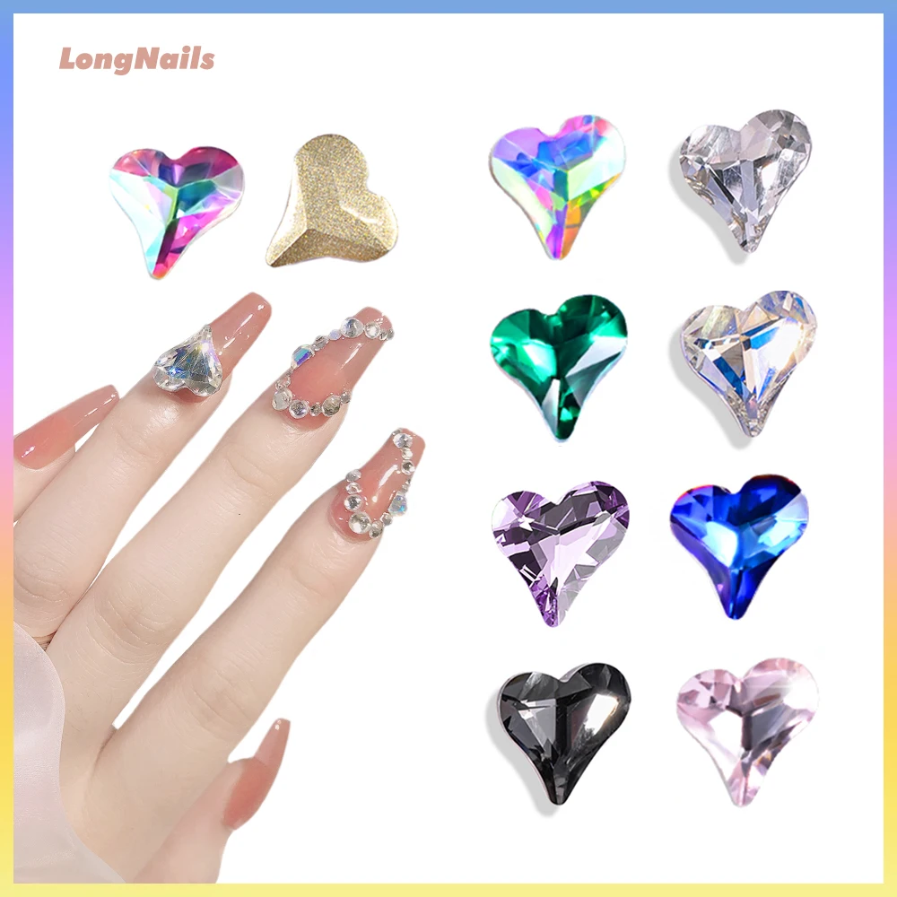 8*9mm Crooked Valentine Red Heart Rhinestones Symphony Fire-red Love Gems Oval Back Nail Glass Crystal Manicure Gemstones 10pcs,