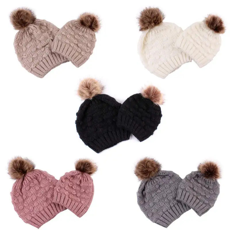 2 PCS Set Family Matching Hat Autumn Baby Girls Boys Winter Warm Gorros Para Bebe faux Fur Pompom Ball Kids Knitted Beanies | Детская
