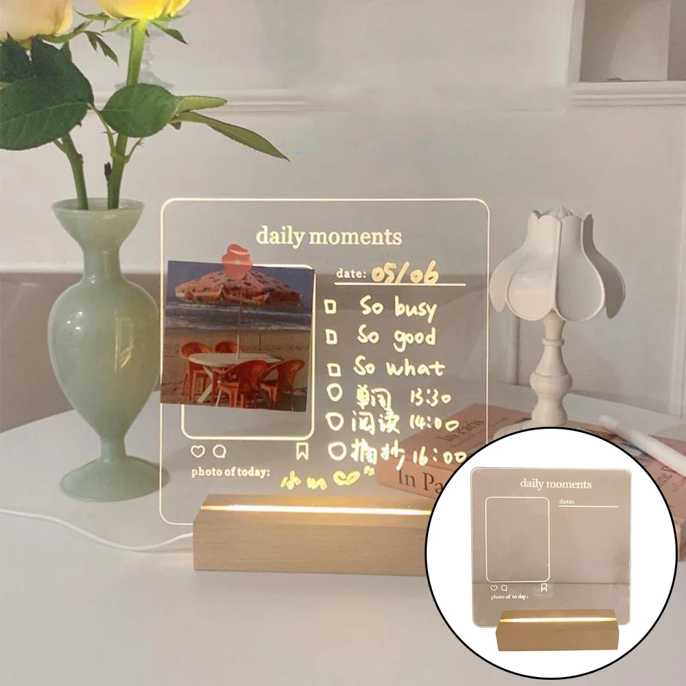 

New Arrival USB Acrylic Daily Moments Photo Memo Message Board With Wood Stand Holder Set Lamp Creative Home Decor