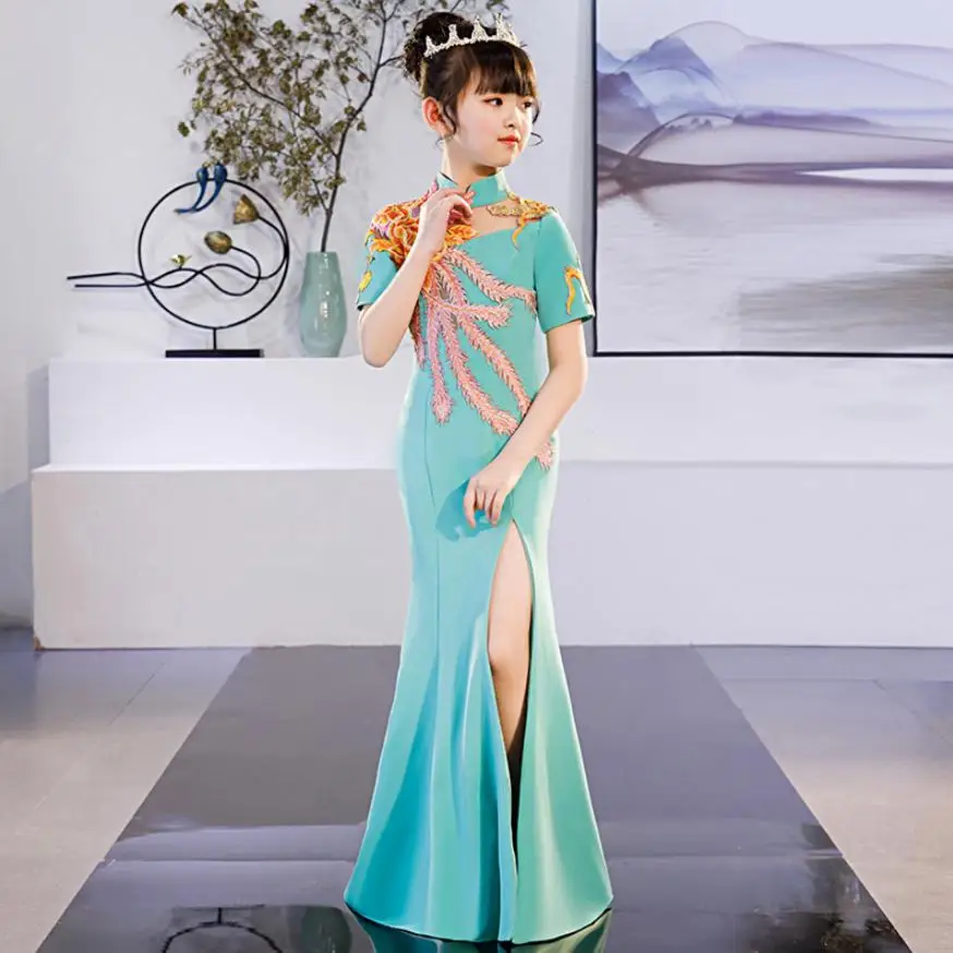 2019 New Girls chinese style kids mermaid dress Stage catwalk guzheng costume embroidery spliced Girl dress Modis vestidos Y1508