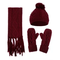 3 in 1 women winter rhombus cable knit warm hat scarf gloves set pompom ball beanie cap tassels shawl cuffed mittens