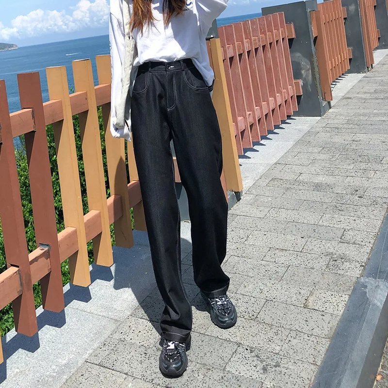 

wide leg women 2020 vintage elastic high waist jeans straight korean style denim pants casual solid trousers new