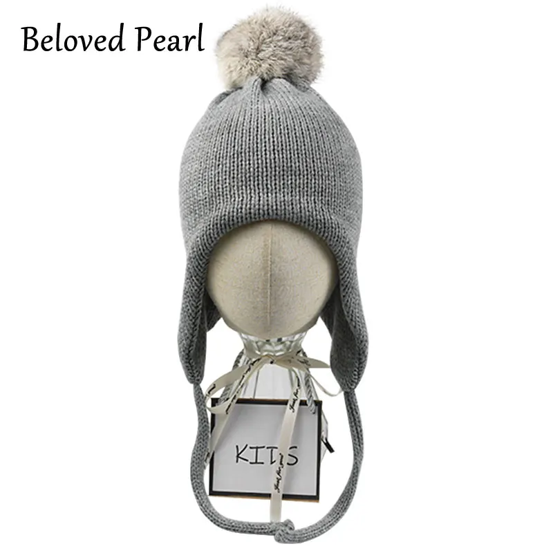 От 1 до 3 лет толстая Вязаная Детская шапка бомбер с милым кроличьим мехом и