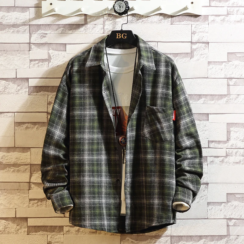 

Spring Loose Lattice Men Shirt Casual Solid Green Shirt Men Long Sleeve Large Size Camisa Social Japanese Mens Clothing MM60NCS