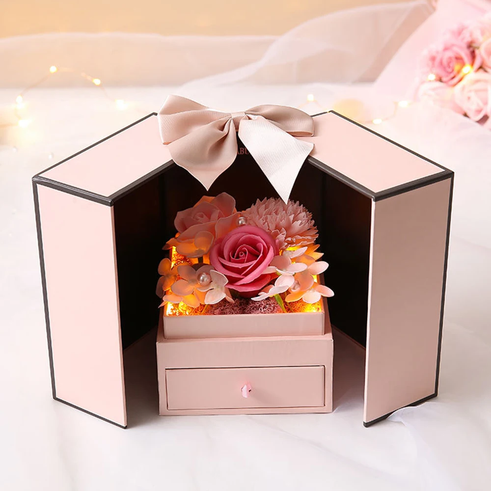 

Romantic Soap Flower Jewelry Rose Gift Box Valentines Gift Girlfriend Wife New Year Christmas Foldable Boxes Wedding Decor Light