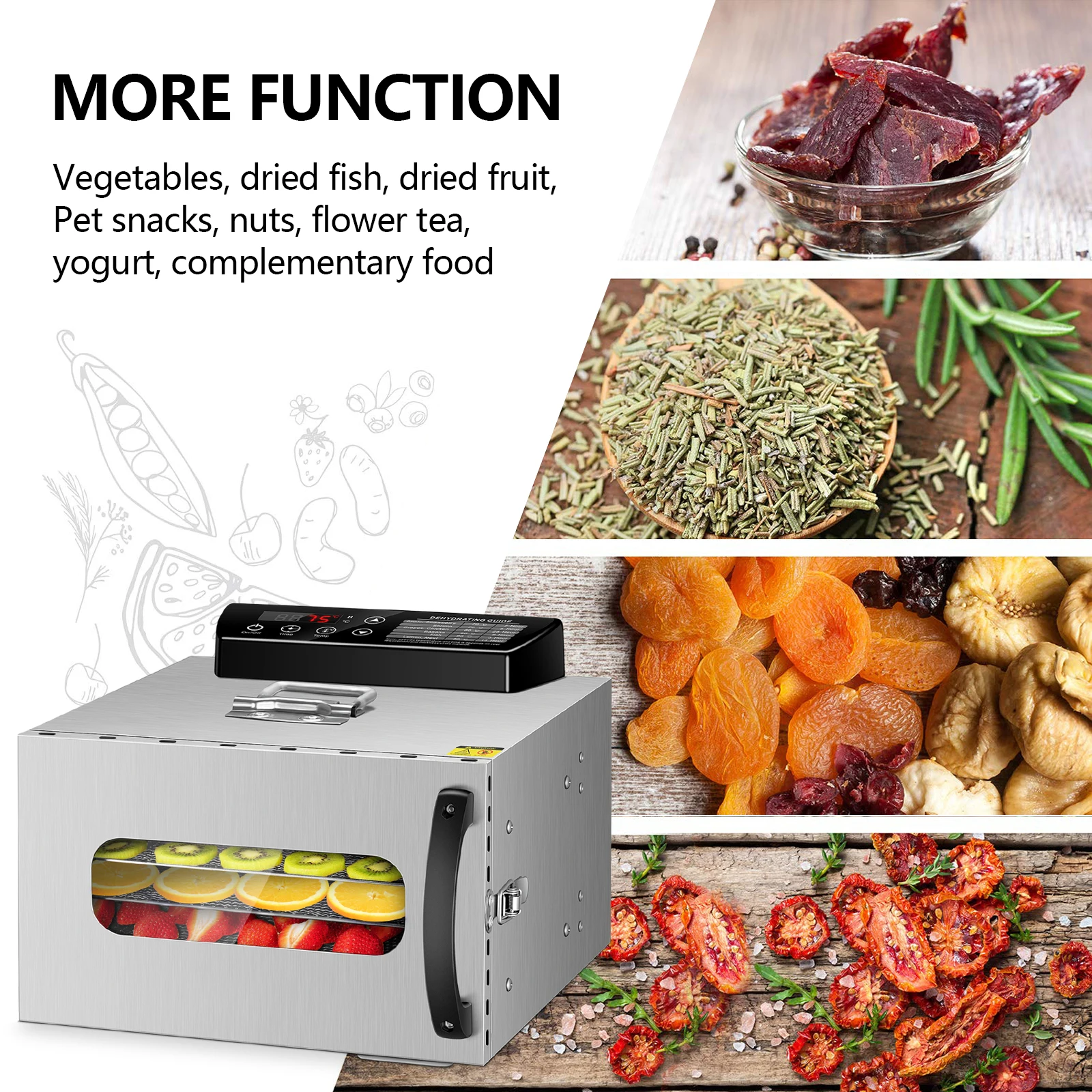 

KWASYO 6 Trays Food Dehydrator Fruit Drying Machine Dryer For Vegetables Dried Fruit Meat Drying Machine Stainless Ste