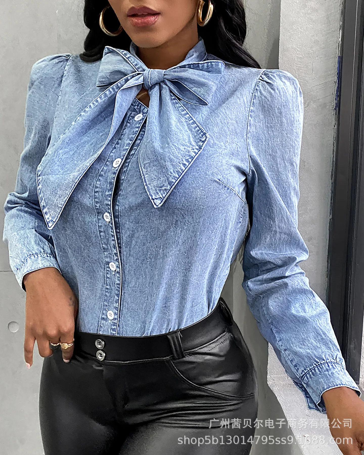 

Donsignet New Fashion Bowknot Denim Shirt Women's Top Long Sleeve Shirt Women Women Shirts Blouses Polo Shirt Women