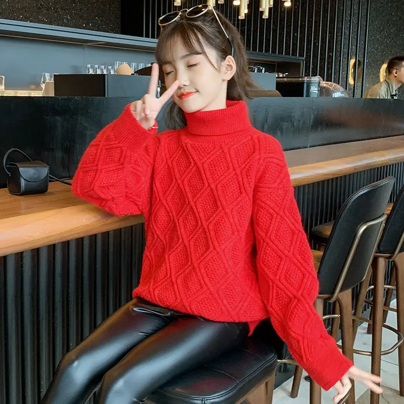 

New Baby Girls Sweaters Children Geometry Turtleneck Vintage Sweater Korean Style Loose Coats Knitted Pullover Kids Warm Clothes