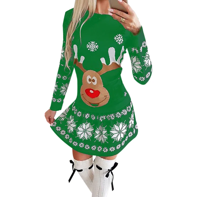 

Long Sleeve Round Neck Christmas Dress Elk Print Plus Size Women Dress Autumn and Winter A66