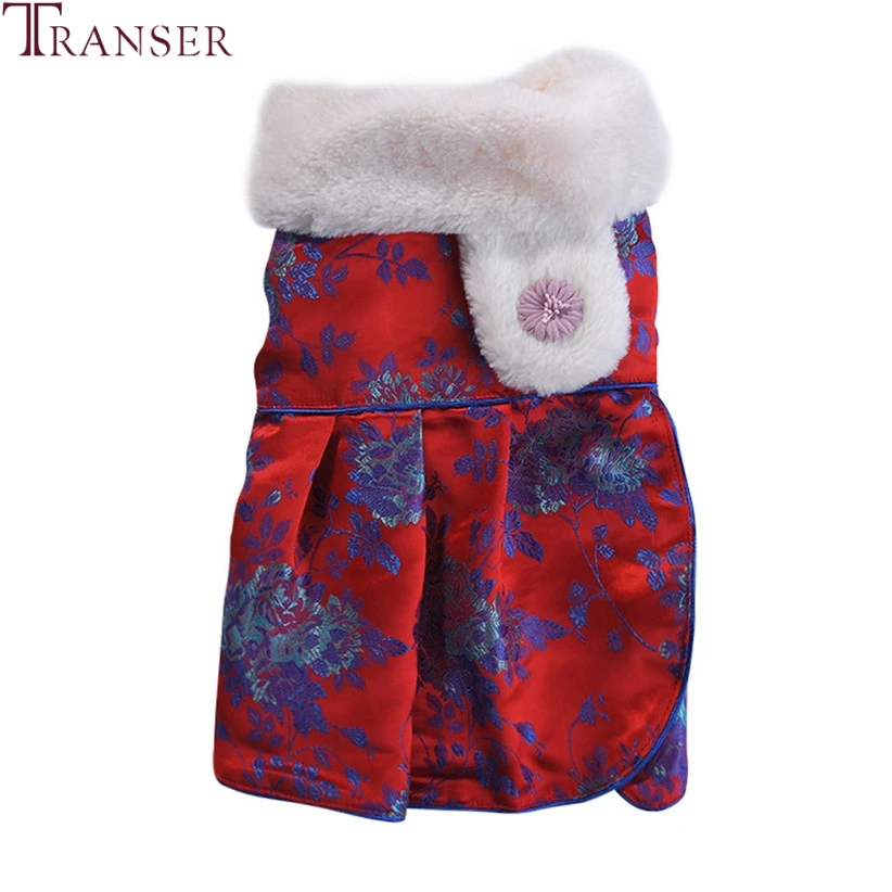 Transer, Ретро стиль, корейский стиль, флис, с отворотом, элегантное платье для собак, Зимняя Теплая Одежда для питомцев, цветочный узор, одежда для собак, вечерние, 9904